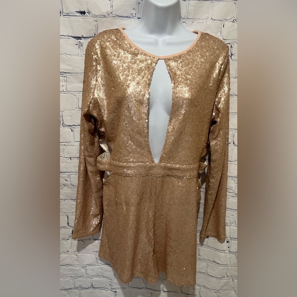 Sequined Long-Sleeve Romper in Champagne